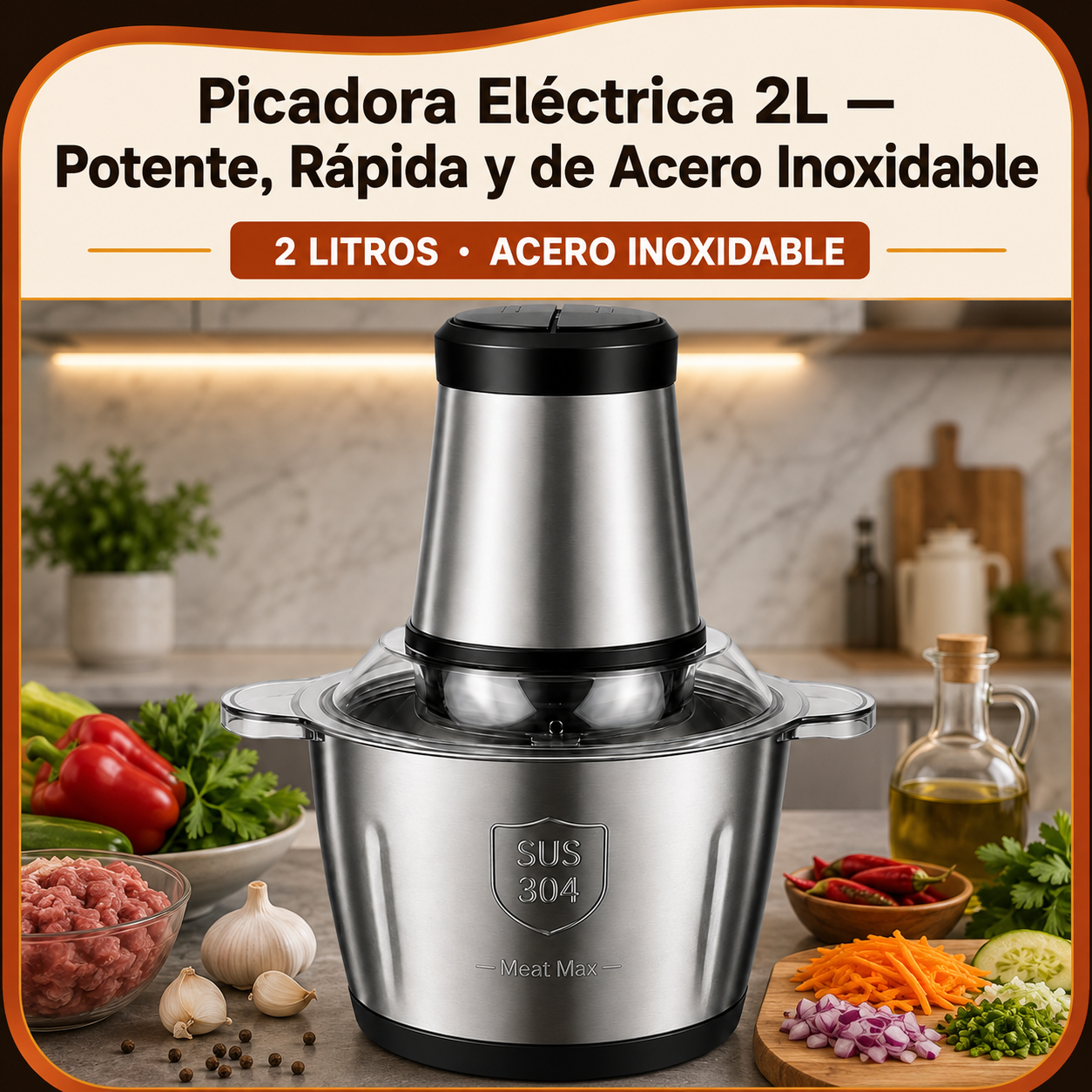 Picadora Eléctrica 2L — Potente, Rápida y de Acero Inoxidable